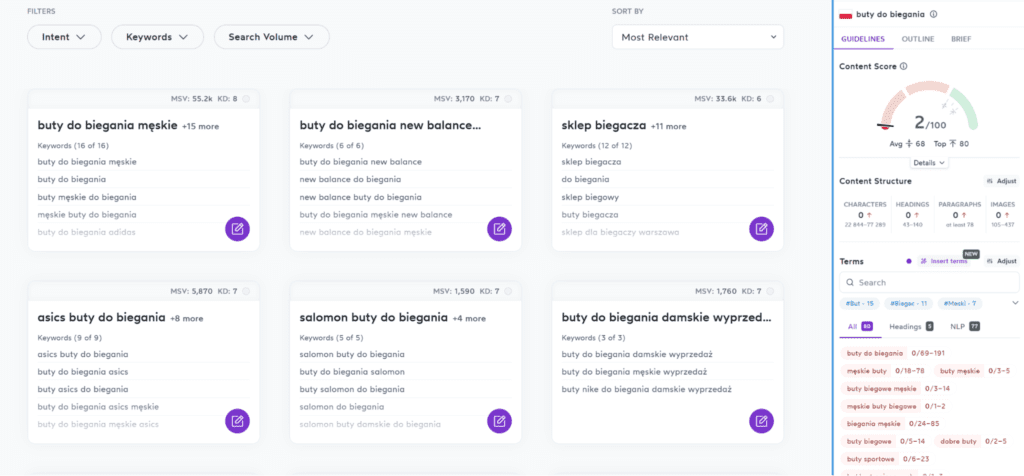 Dashboard programu SurferSEO