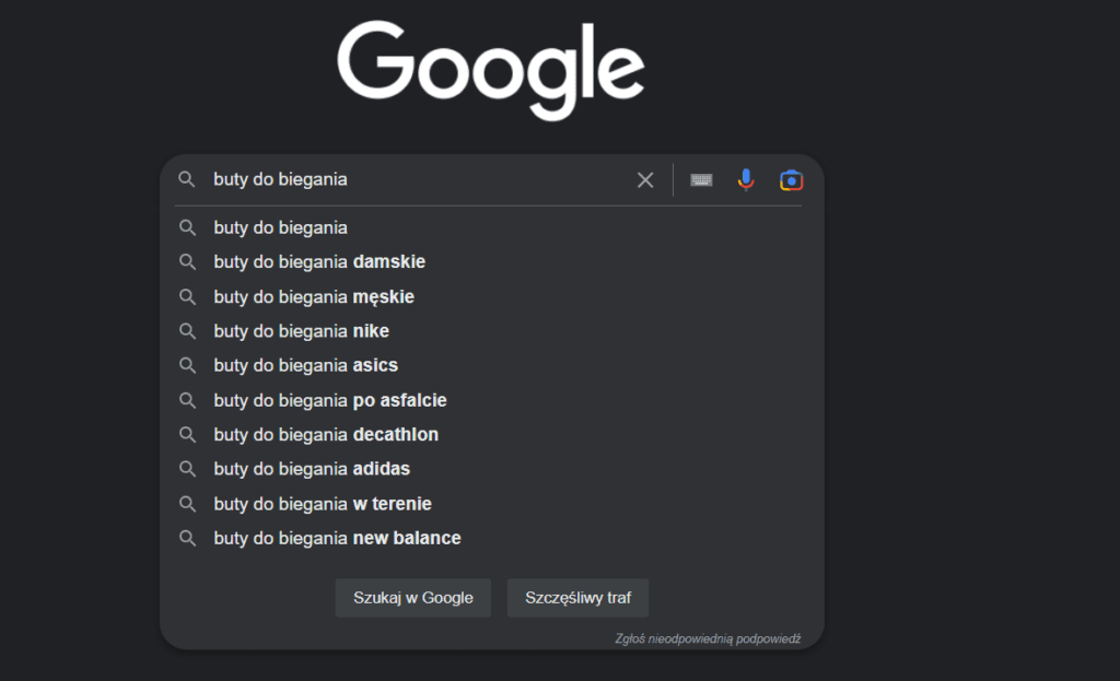Podpowiedzi w wyszukiwarce Google do słowa "buty do biegania"