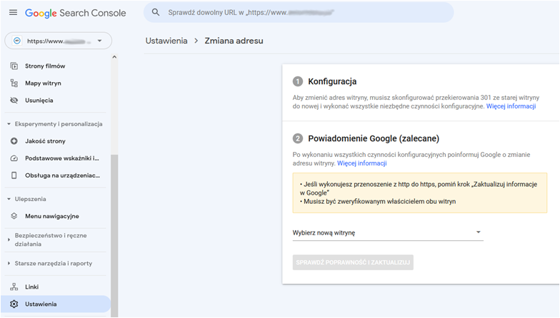 Widok Google Search Console - zmiana domeny