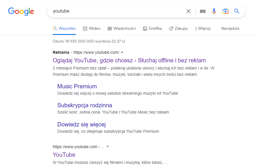 Wynik wyszukiwania w przeglądarce desktop - Cube Group