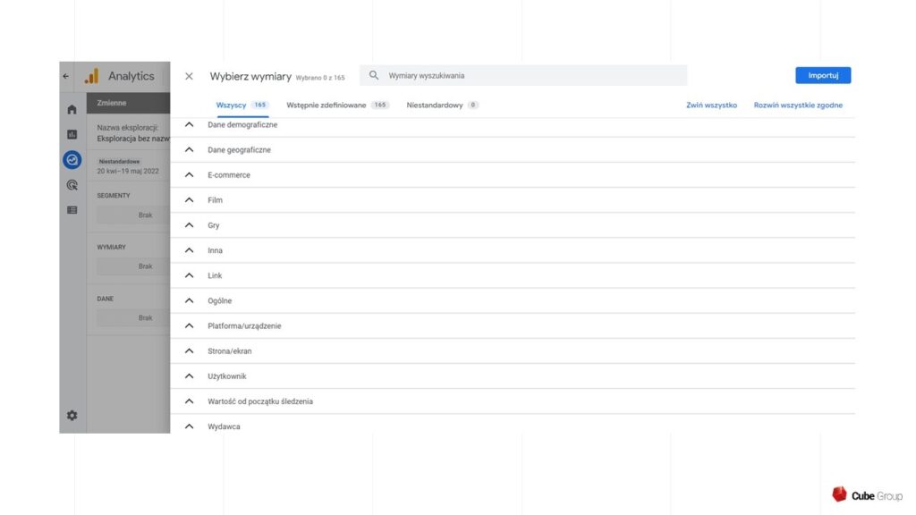 Wymiary w panelu Google Analytics - dodawanie metryki do eksploracji