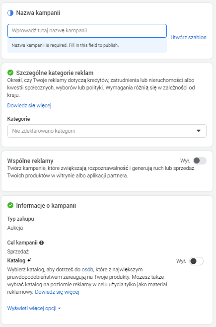 Nazwa kampanii oraz budżety w Menedżerze Reklam na Facebooku