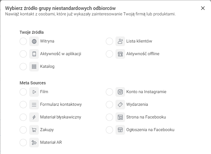 grupy niestandardowe w menadżerze reklam Facebooka
