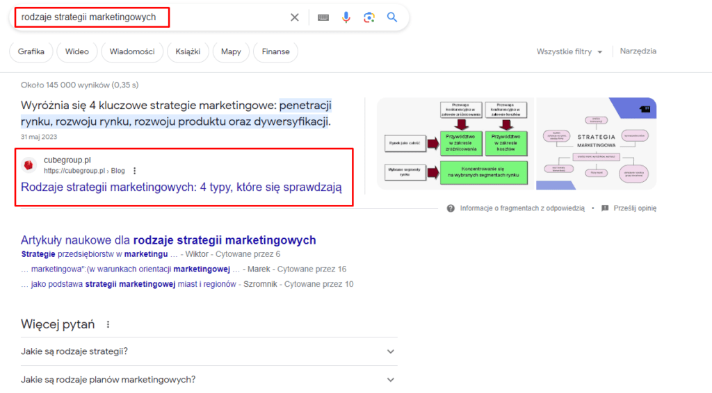 wyniki wyszukiwania po wpisaniu słowa kluczowego