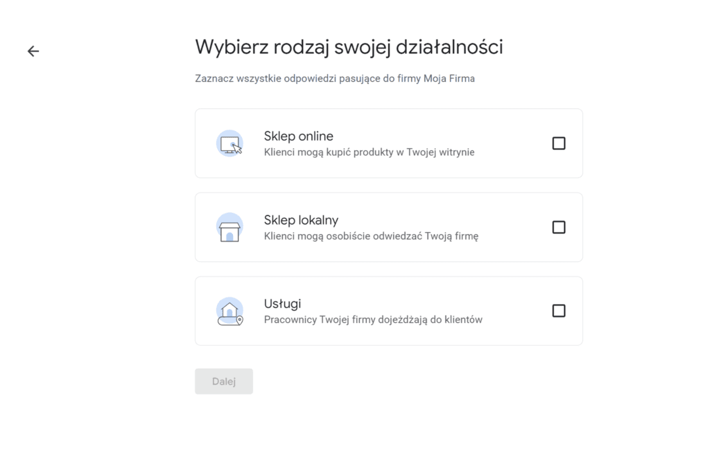 Wyb&oacute;r rodzaju działalności w&nbsp;wizyt&oacute;wce Google 