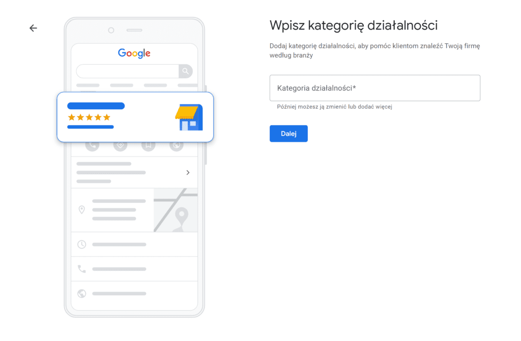 Kategoria działalności w&nbsp;wizyt&oacute;wce Google 