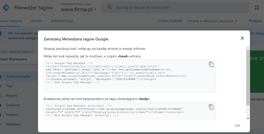 Kody do instalacji GTM na stronie