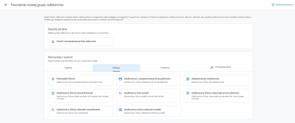 Lista nowych szablon&oacute;w&nbsp;odbiorc&oacute;w&nbsp;w google ads