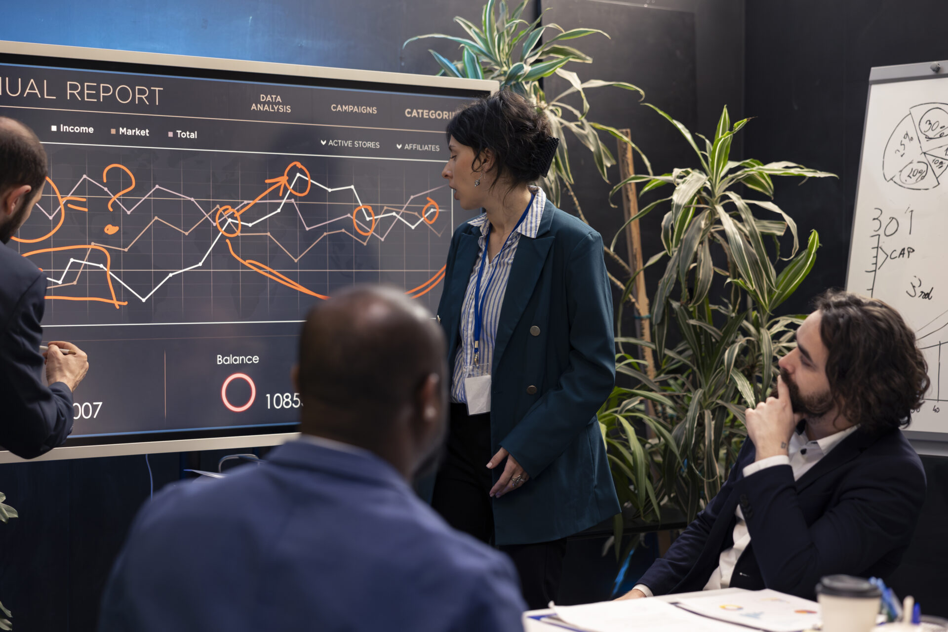 Team members attending conference in a&nbsp;boardroom and presenting the situation, trying to detect challenges or obstacles hindering progress. Supervisor and staff struggling with a&nbsp;project.